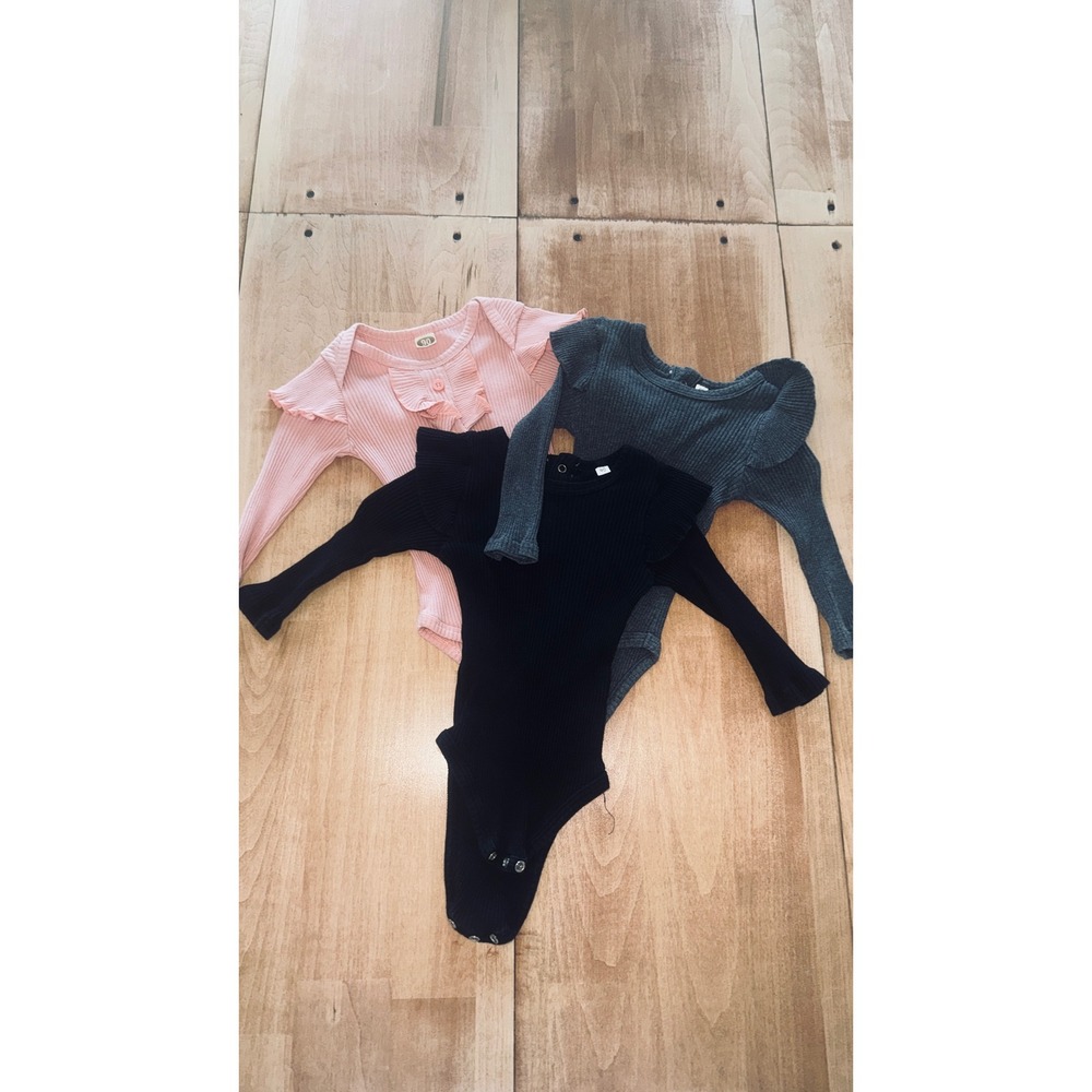 Baby Girls Ribbed Long‎ Sleeve Bodysuit Set 3 Pack Pink Grey Black Size 90
